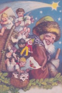 Santa Claus Brown Robe Children Angels Antique Vintage Christmas Postcard Unused