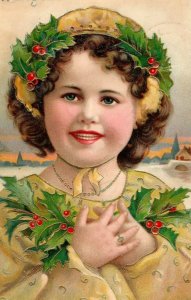 C. 1910 Adorable Christmas Girl Holly Berries Snow X-Mas Vintage Postcard P219