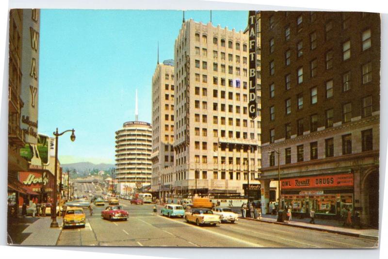 Hollywood and Vine street scene Capitol Records Taft Building Rexall drugs 1956