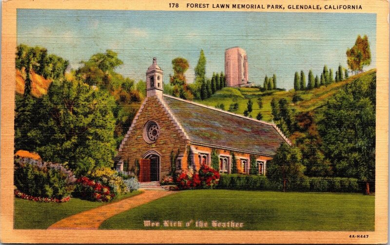 Forest Lawn Memorial Park Glendale California Linen Wee Kirk UNP VNG Postcard 
