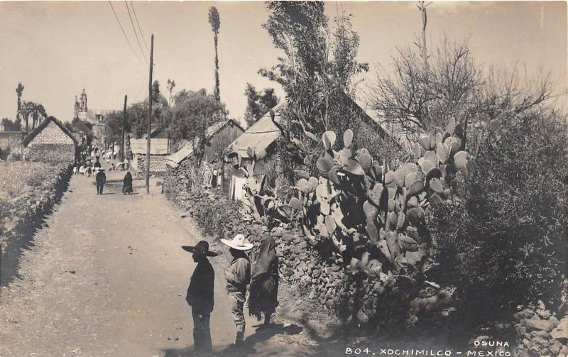 D70/ Xochimilco Mexico City Foreign RPPC Postcard c1930s Osuna Men Cactus