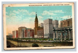 Vintage 1924 Postcard Michigan Boulevard Skyline Grant Park Chicago Illinois