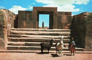 VINTAGE CONTINENTAL SIZE POSTCARD THE CALASSASAYA STAIRWAY AT TIAHUANACU BOLIVIA