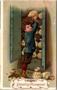 Happy New Year Victorian Boy With Coins Embossed Vintage Postcard 09.69