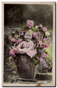 fantasy - rosy baby in basket - Old Postcard