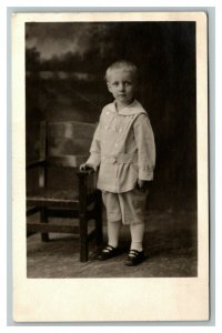 Vintage 1920's RPPC Postcard Photo of Cute Child Next to Chair