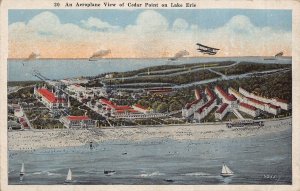 AEROPLANE VIEW OF CEDAR POINT ON LAKE ERIE OHIO-BIPLANE-STEAMER SHIPS-POSTCARD