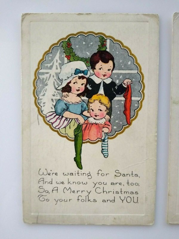 Vintage Christmas Postcards Lot Of 2 Children With Stocking & Gifts Whitney 1920 