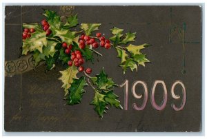 1909 Christmas Holly Berries Large Numbers Winsch Bank Embossed Antique Postcard