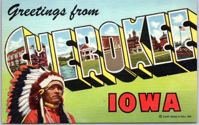 Greetings From Cherokee Iowa IA Large Letter Indian Man Postcard