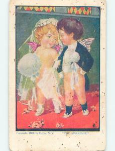 Bent 1907 art nouveau signed GIRL AND BOY CHERUBS GETTING MARRIED o7186