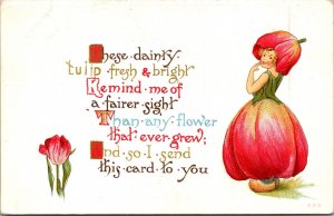 Spring Postcard Girl Dressed as a Tulip Flower Wearing Wooden Shoes Poem