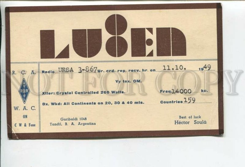 462927 1949 year USSR Argentina radio QSL card
