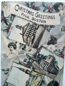 Vintage Christmas Postcard Greetings From Boston Glitter Collage 1906 Reichner