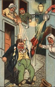 Comic Angry Neighbors Attack Drunk Man in Street c1910 Vintage Postcard