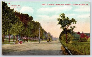 Cedar Rapids Iowa~Trolley & Early Auto @ 20th St & 1st Avenue~c1910 Postcard