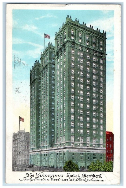 1928 The Vanderbilt Hotel Exterior Roadside Park Avenue New York NY Postcard 