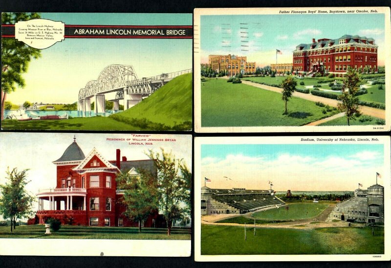 K55a 4 pcs.Lincoln,  Stadium Football, Fairview, Memorial Bridge, Omaha Boystown 