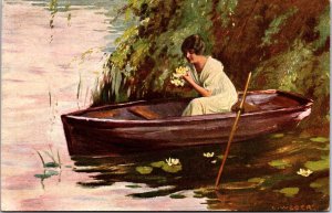 Lady In A Boat C.Weber Vintage Postcard 09.65