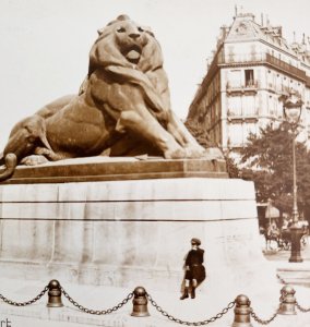 RPPC Paris The Lion Of Belfort Sepia Tone Boy In Pork Pie Hat DIX 1910s PCBG6A