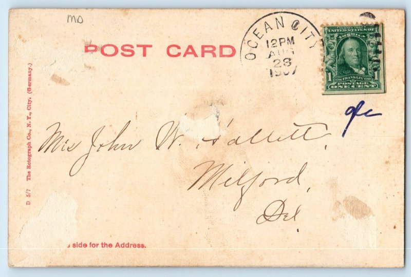 1907 Ocean City Maryland Postcard Greetings Steamer Ship Galleon Exterior View