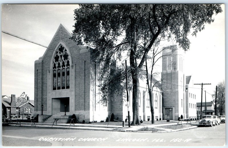 c1950s Lincoln, IL RPPC Christian Church Large Brick Building Real Photo PC A113