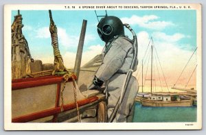 Tarpon Springs Florida~Sponge Diver Descending~Sailboats~Helmet~1920s Postcard