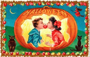 Vintage Kissing Romantic Couple, Witch, Owl, Apple & Pumpkin Halloween Postcard