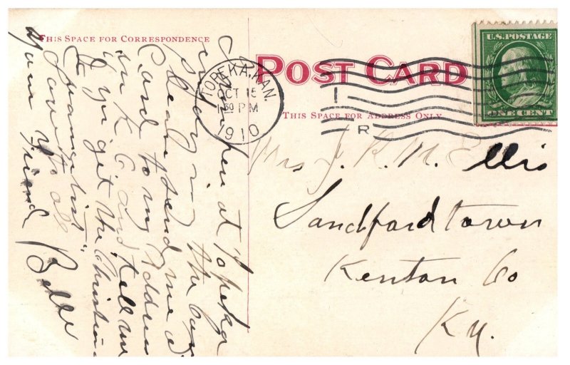 1910 Kansas State Capitol Topeka Vintage Postcard Postmarked USA