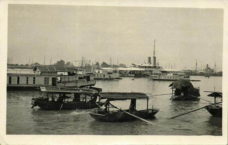 china, CANTON GUANGZHOU 廣州, Harbour Scene, Boats (1930s) RPPC Postcard