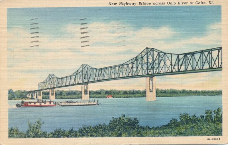 New Highway Bridge over Ohio River - Cairo IL, Illinois - pm 1941 - Linen