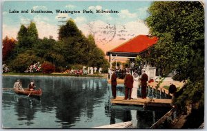 Milwaukee Wisconsin WI, 1915 Lake & Boathouse Washington Park, Canoe, Postcard