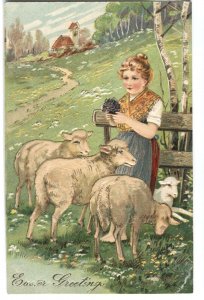 Easter Greeting Postcard Woman Feeding Sheep Flowers