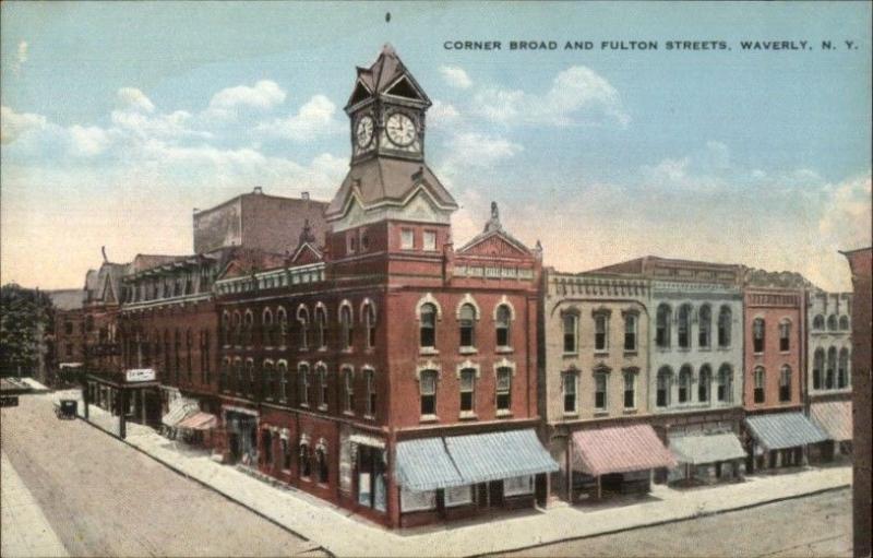 Waverly NY Broad & Fulton c1910 Postcard