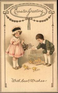 EASTER Sweet Boy and Girl Bird Cage of Chicks Antique Postcard