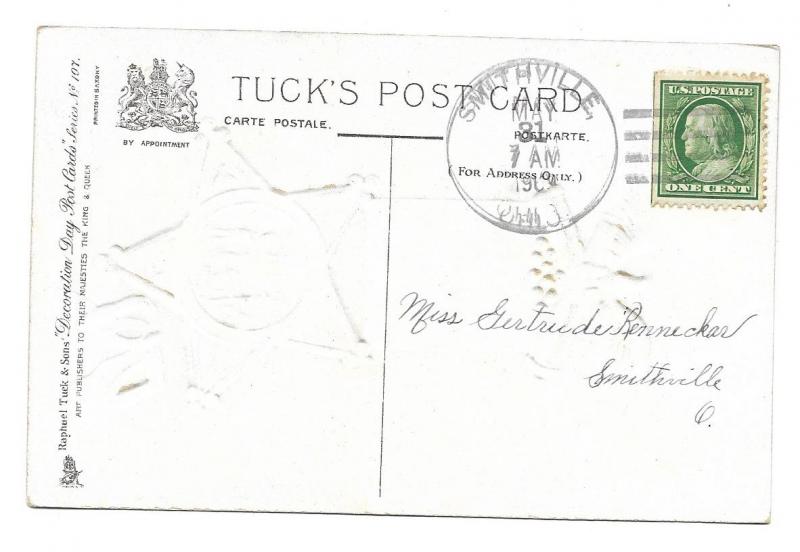 Smithville Ohio 1909 Tuck's Embossed Post Card, Grand Army of the Republic Medal