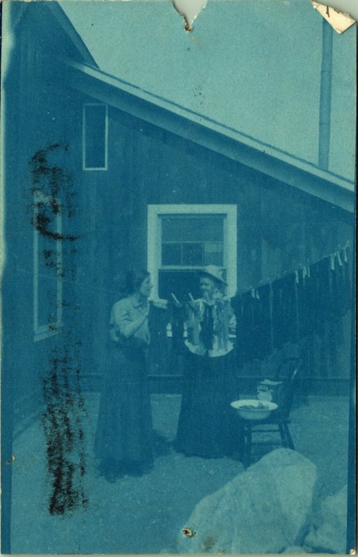 Woman Talking Clothesline Water Basin on Chair Cyanotype Postcard PM Utah 1907