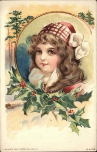 Young Brunette Girl Holly Border Christmas c1910 Vintage Postcard