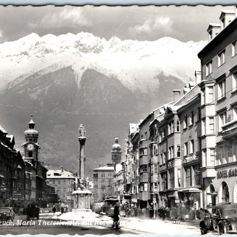 c1930s Hungerburg, Austria Downtown RPPC Stamp Mt Hafelekar Peak Innsbruck A327