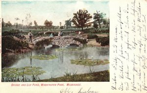 Vintage Postcard 1908 Bridge and lily Pond Washington Park Milwaukee Wisconsin