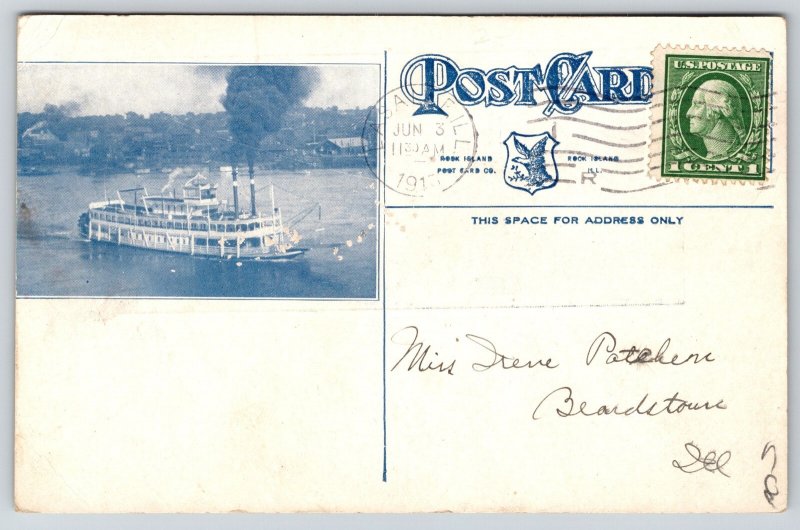 Excursion Steamer Columbia~River Paddlewheeler~Pic on Front & Back~1913
