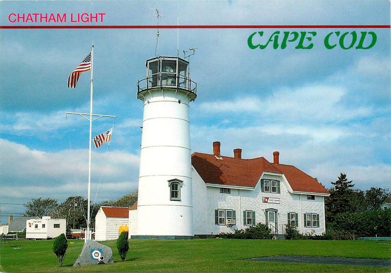 Chatham Lighthouse Cape Cod Massachusetts tourist Postcard Amerian Flag