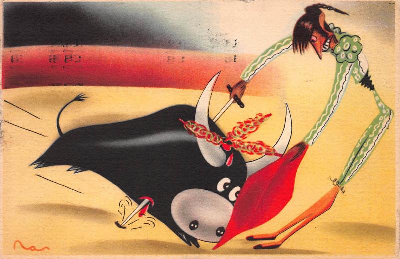 Mexico, Bullfighter and Bull, Early Illustrated Postcard, Used in 1945