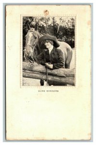 Vintage 1900's Photo Postcard - Woman and Her Horse Fencepost Farm