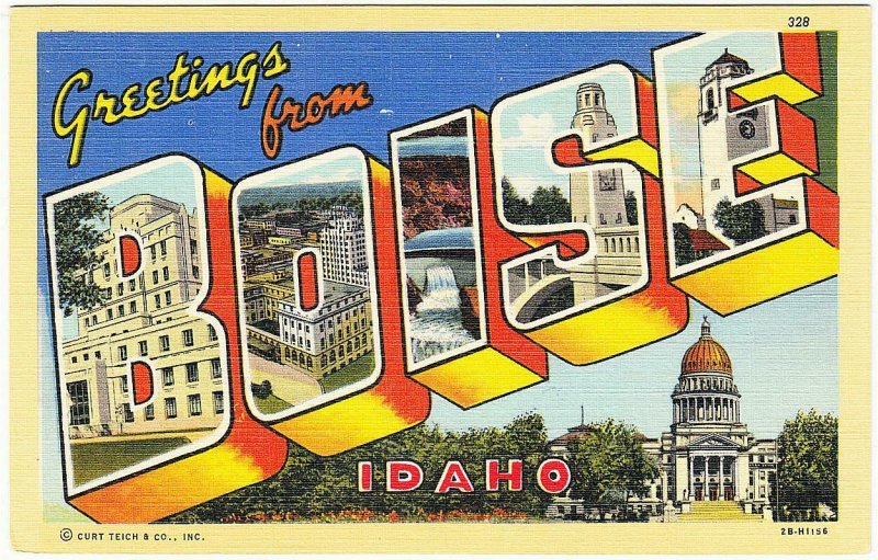 Boise Idaho Large Letter Linen Postcard by Curteich 1942