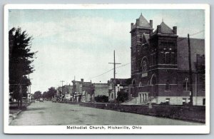 Hicksville Ohio~Methodist Church on Main Street~Stores~Cars~1920s Blue Sky PC