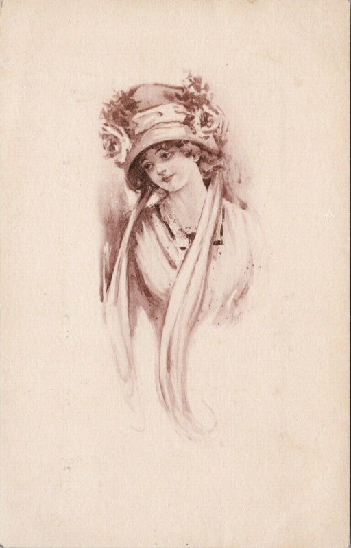 Young Woman Portrait Hat Sepia Art Girls No.110 Postcard F36