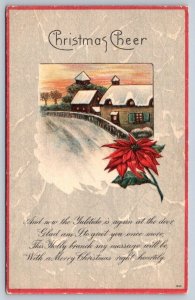 Christmas Cheer, Poem, Poinsettia, Snowy Rural Scene, Antique Greeting Postcard