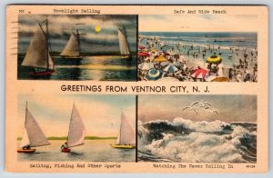 1952 GREETINGS FROM VENTNOR CITY NJ VINTAGE LINEN POSTCARD BEACH SAILING SPORTS