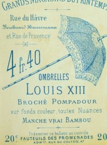 1870's-80's Lovely Louis XIII Umbrellas Broche Pompadour Paris Trade Card F84